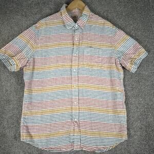 LL Bean Shirt Men L Multicolor Stripe 100% Linen Casual Summer Slightly Fitted